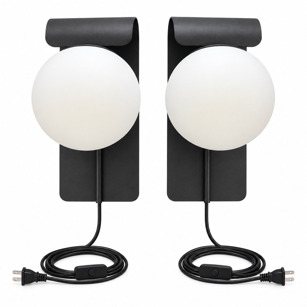Modern Matte Black Globe Wall Sconces Set of 2 Plug-in Minimalist Lighting